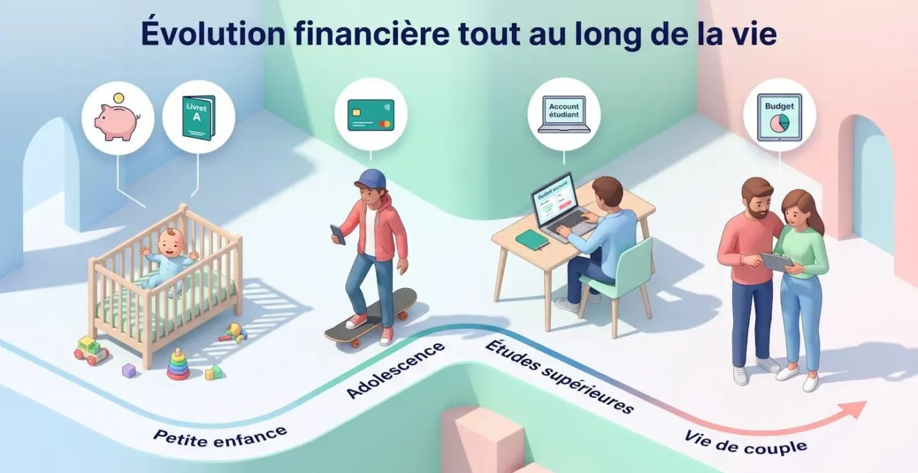 Frise chronologique illustrant les comptes bancaires de la naissance à la vie de couple.