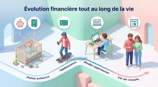 Frise chronologique illustrant les comptes bancaires de la naissance à la vie de couple.