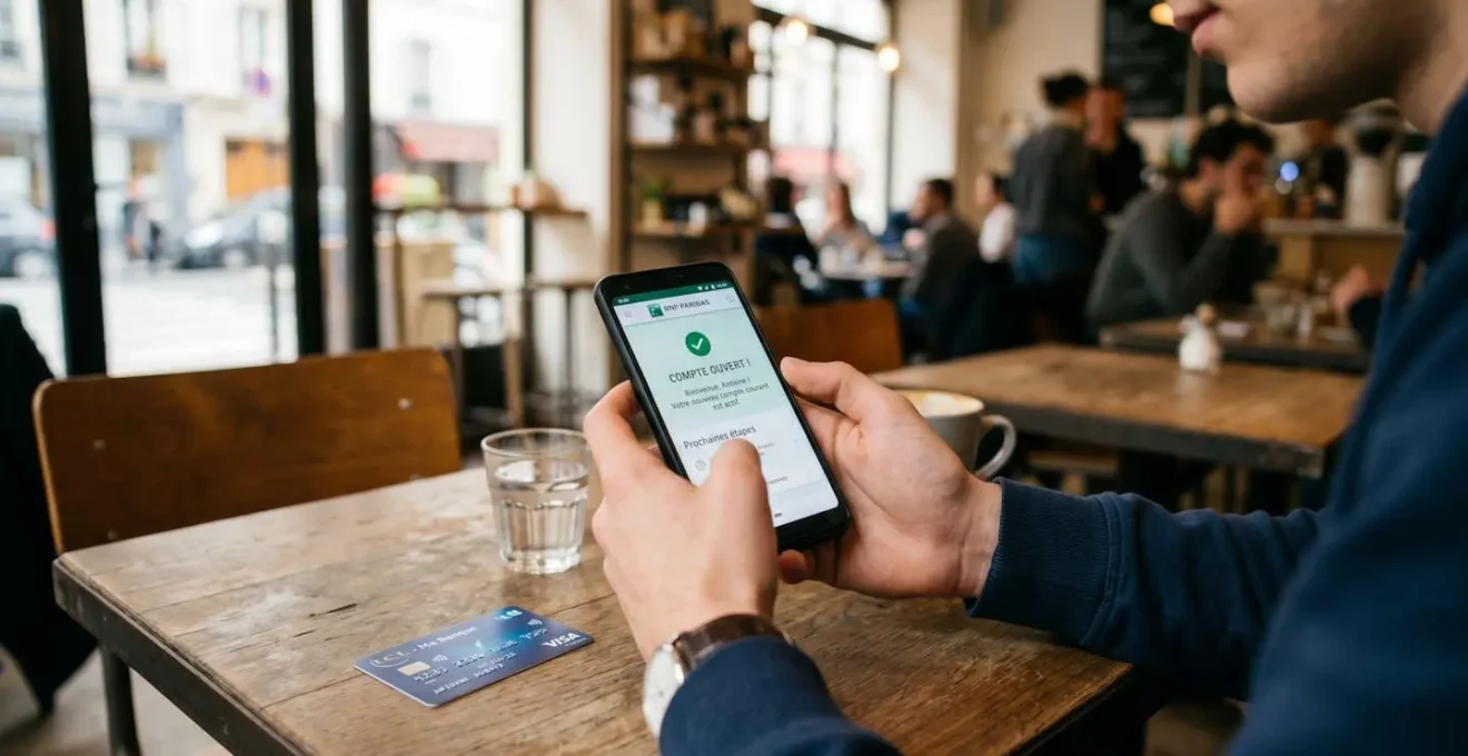Jeune adulte ouvrant un compte bancaire sur smartphone.