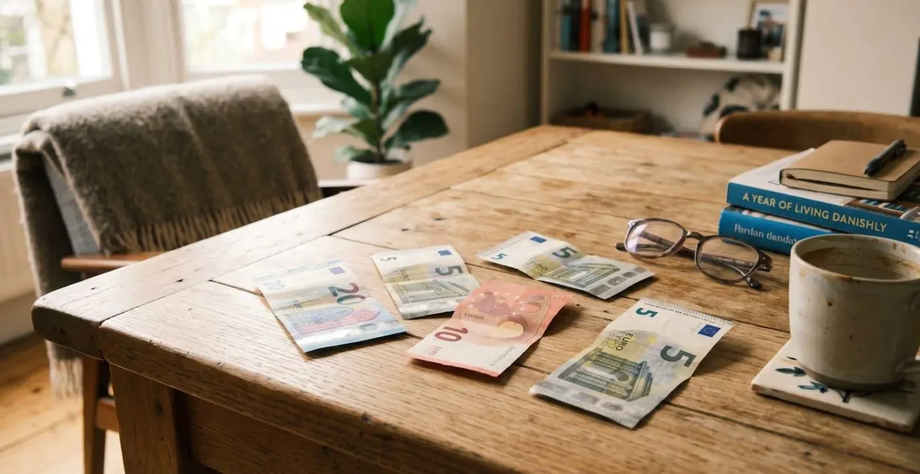 Quelques billets en euros disposés naturellement sur une surface en bois clair, lumière chaude et douce, sans mise en scène artificielle