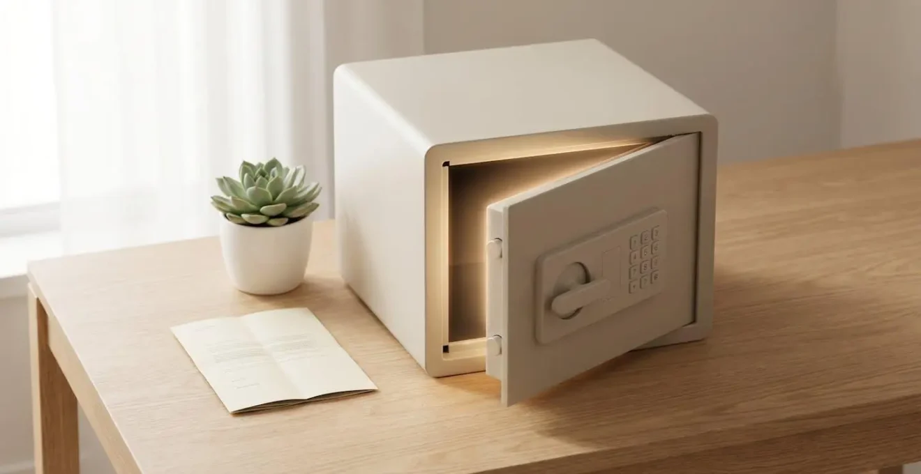 Un coffre-fort moderne blanc légèrement entrouvert laissant entrevoir une lumière dorée, symbolisant la sécurité et la protection de l'épargne.