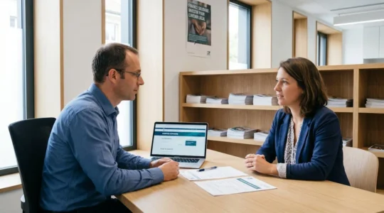 Conseiller bancaire et cliente discutant dans une agence de banque coopérative moderne, bureau avec ordinateur et documents