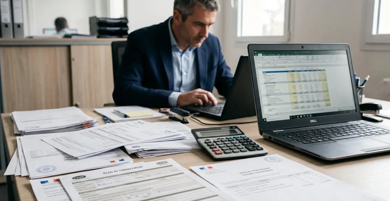 Gros plan sur un bureau avec documents administratifs français (formulaire plan de financement, devis), calculatrice et ordinateur portable affichant tableur budgétaire, arrière-plan montrant silhouette de dirigeant concentré