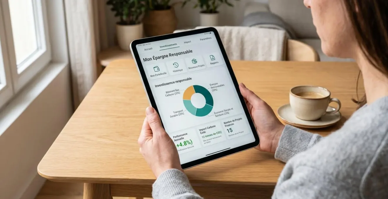 Personne consultant sur tablette le tableau de bord d'une application bancaire coopérative affichant les investissements responsables