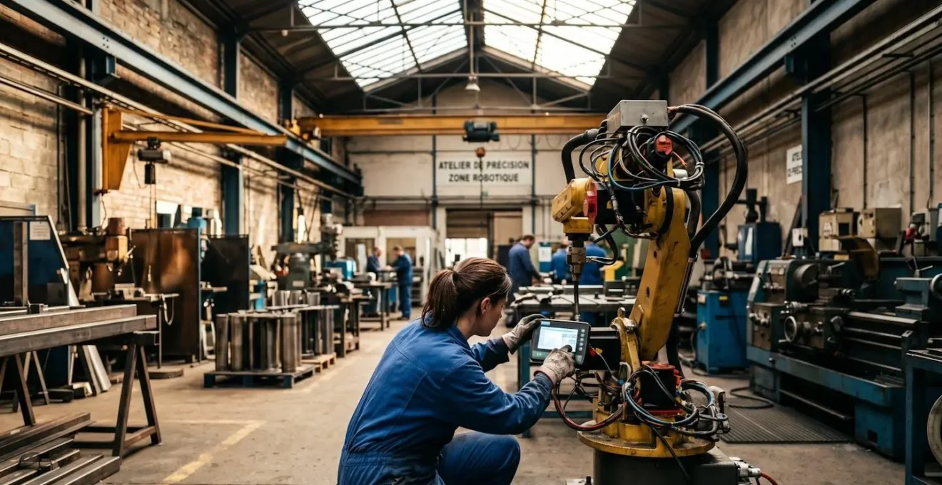 Technicien en bleu de travail ajustant un bras robotisé récemment installé dans un atelier de production industrielle français, arrière-plan montrant machines-outils traditionnelles, lumière naturelle zénithale