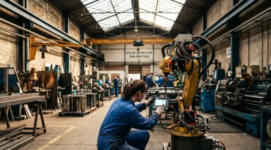 Technicien en bleu de travail ajustant un bras robotisé récemment installé dans un atelier de production industrielle français, arrière-plan montrant machines-outils traditionnelles, lumière naturelle zénithale