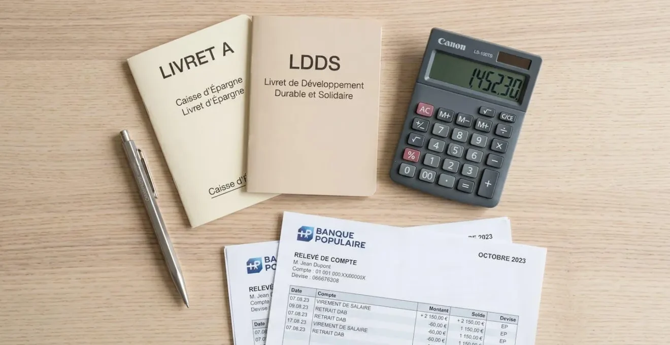 Vue de dessus sur livrets d'épargne Livret A et LDDS, calculatrice et relevés bancaires sur table en bois