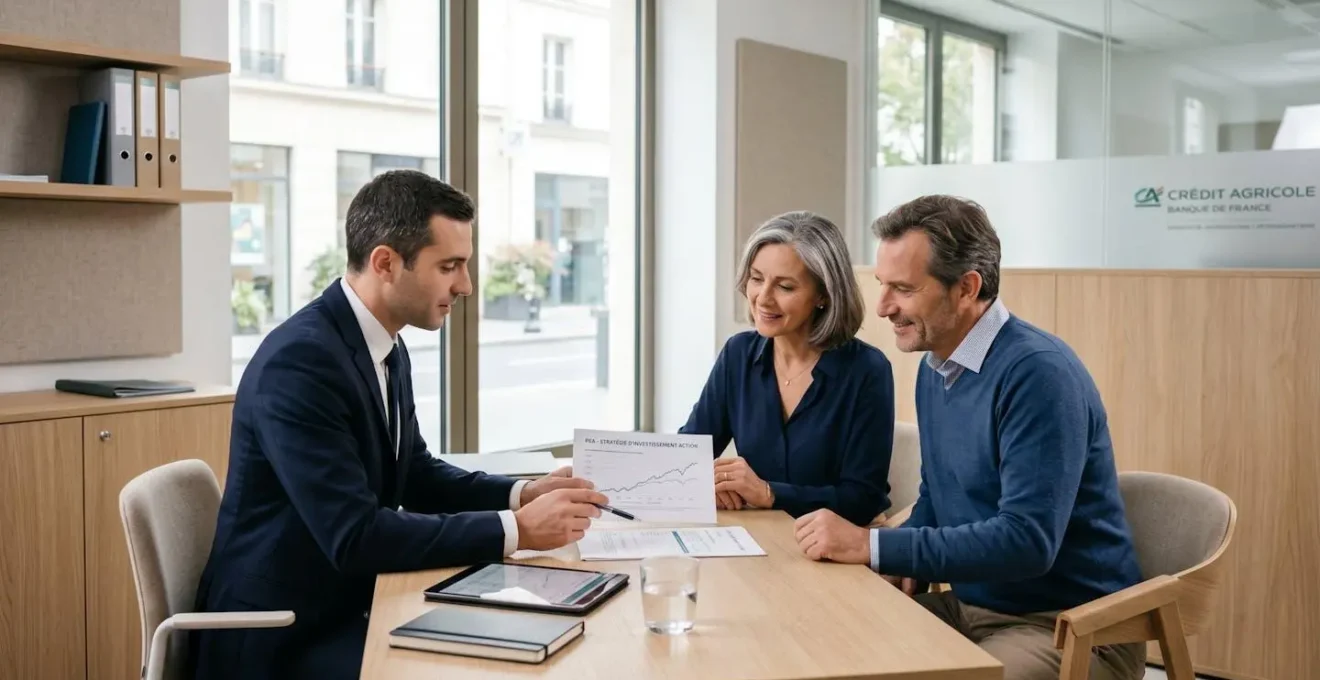 Conseiller bancaire présentant des documents d'investissement PEA à un couple dans un bureau moderne lumineux avec mobilier contemporain