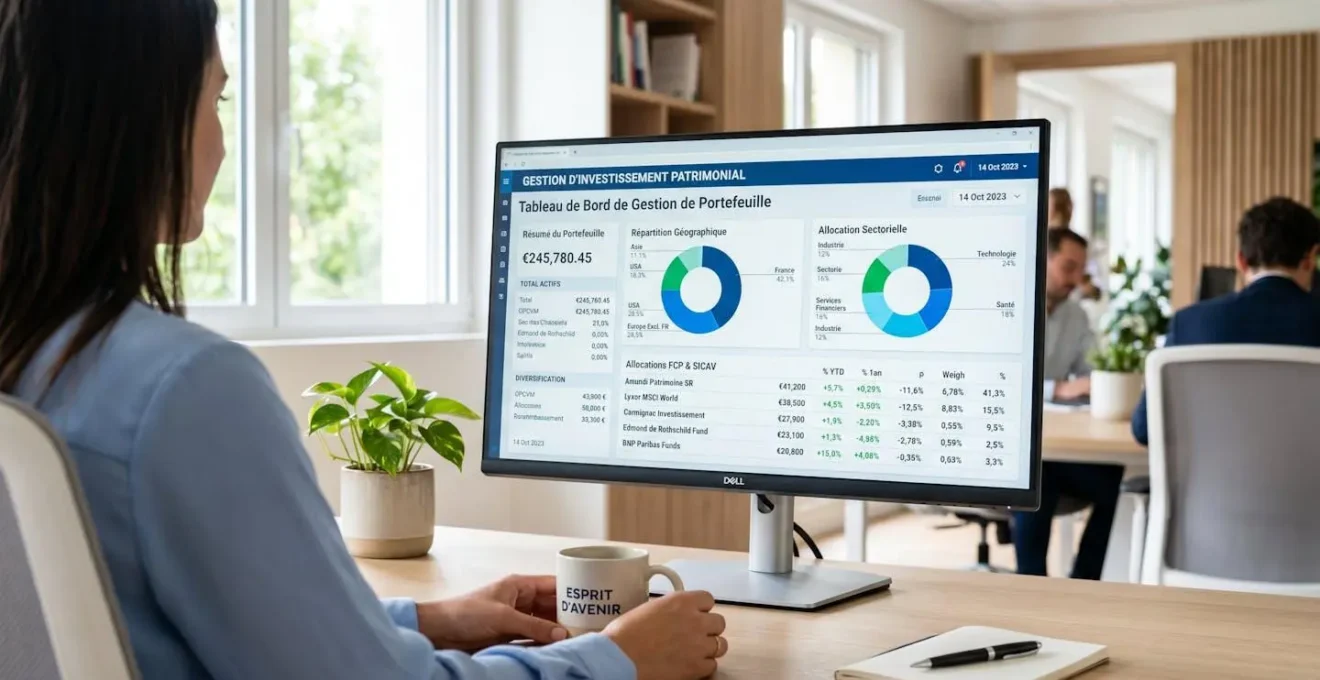 Écran d'ordinateur affichant une interface de gestion pilotée avec graphiques de répartition géographique et sectorielle d'un portefeuille PEA diversifié