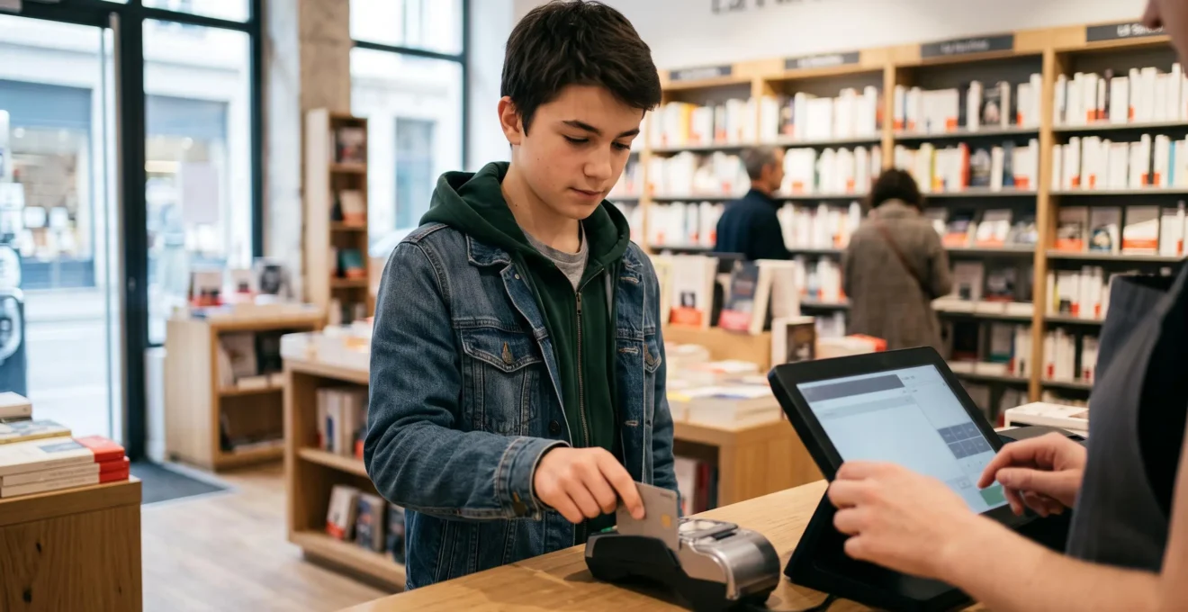 Adolescent de 15 ans utilisant sa carte bancaire pour payer à un terminal de paiement dans un commerce français