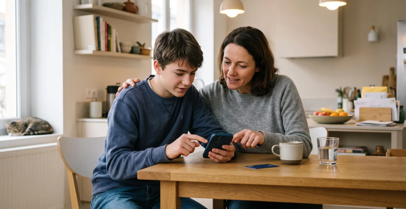 Parent et adolescent de 15 ans consultant ensemble une application bancaire sur smartphone à table, avec une carte bancaire posée devant eux dans un intérieur familial moderne