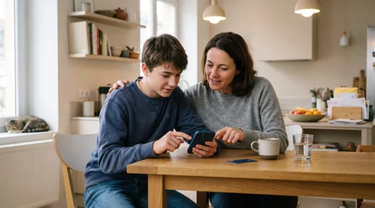 Parent et adolescent de 15 ans consultant ensemble une application bancaire sur smartphone à table, avec une carte bancaire posée devant eux dans un intérieur familial moderne