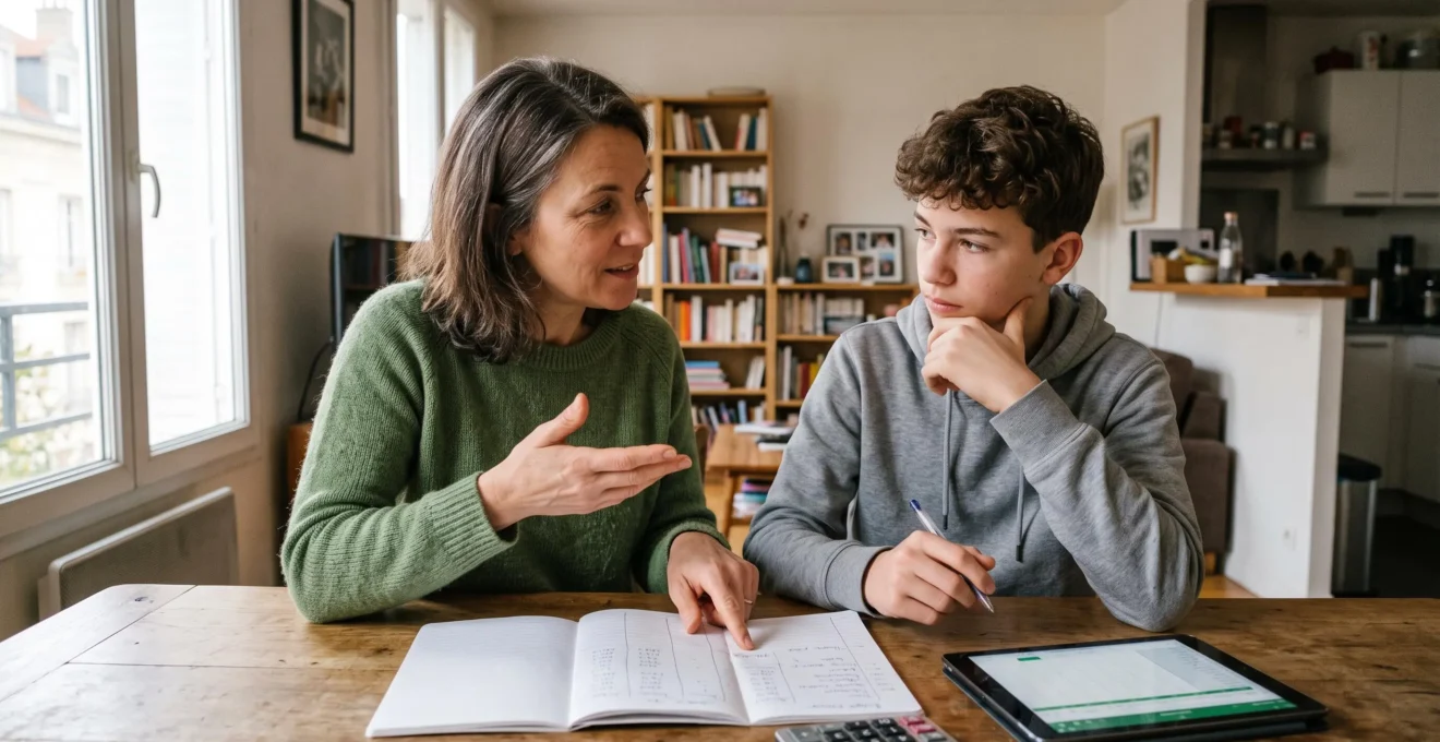 Parent et adolescent en conversation autour de l'éducation financière à domicile avec des supports pédagogiques