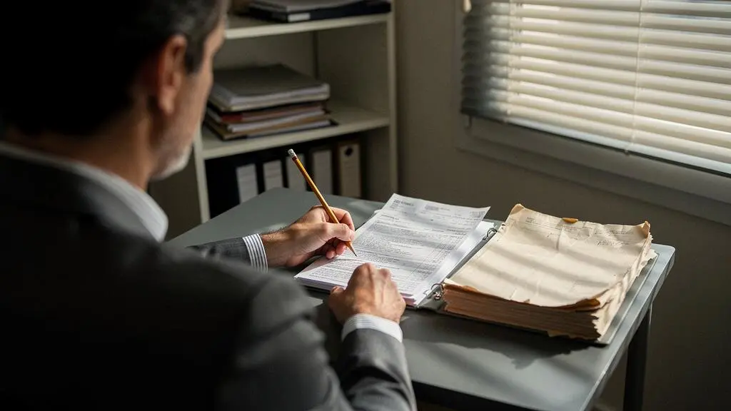 Un comptable annote des relevés bancaires avec un client lors d'un audit.