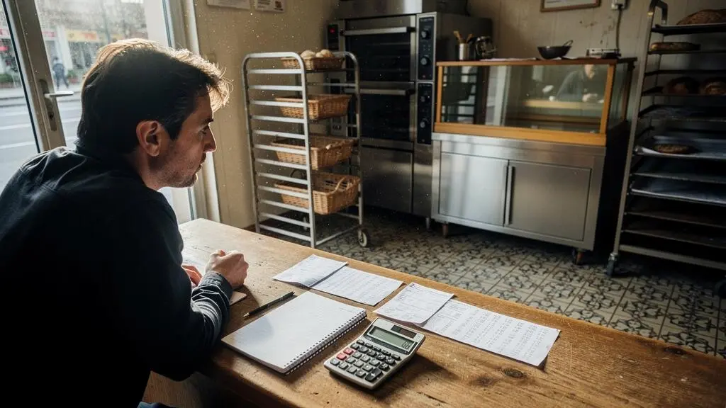 Un repreneur examine des relevés bancaires au comptoir d'un commerce français.